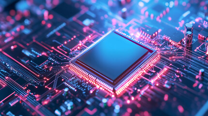 Obraz premium A close up view of modern microchip on circuit board, showcasing intricate electronic components and vibrant neon colors. image conveys sense of advanced technology and innovation