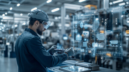 A focused engineer in hard hat and safety glasses examines digital interface displaying data and graphics in modern industrial setting. atmosphere conveys innovation and technology