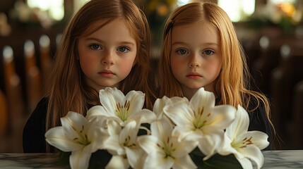 Naklejka premium Siblings Together with Flowers at a Somber Gathering