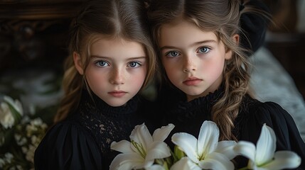 Naklejka premium Siblings in Elegant Attire at Somber Event