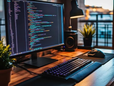 modern computer setup featuring python code on the screen. the workspace includes a monitor, keyboard, headphones, and a plant, reflecting a focused atmosphere for learning and coding