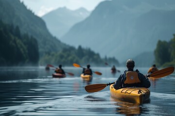 A group of friends enjoying a tranquil kayaking adventure on a serene lake surrounded by mountains during early morning
