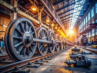 Train Wheels Undergoing Maintenance in Workshop with High Depth of Field for Industrial Photography