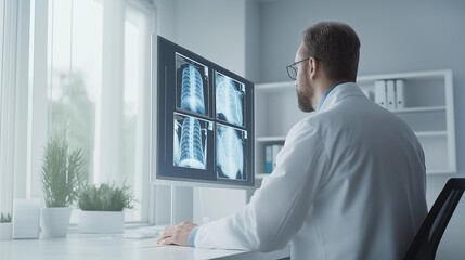 Fototapeta premium doctor in a white lab coat examining a patient's X-ray image, displayed on a large lightbox