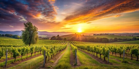 Naklejka premium A serene and peaceful atmosphere of a vineyard at sunset with a few trees in the background, farm life, farmhouse, sunsets
