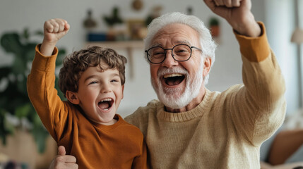 Happy moments are shared between joyful grandfather and his excited grandson, both celebrating with raised arms and big smiles. Their expressions radiate warmth and love