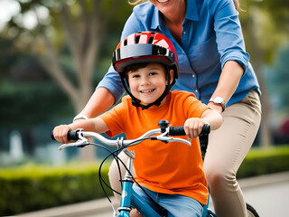 Naklejka premium A mother teaching her child to ride a bicycle 