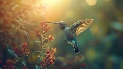 Fototapeta premium Hummingbird hovers gracefully while feeding on fragrant blooming flowers.