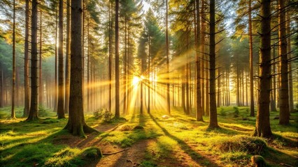 Obraz premium A serene forest with a golden light filtering through the trees at dawn, peaceful, nature, forest, landscape
