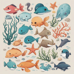 Naklejka premium cute sea animal illustration background