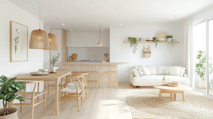 A bright and airy modern living space featuring dining area with wooden furniture, cozy sofa, and natural decor elements. room exudes calm and inviting atmosphere