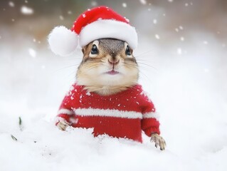 playful chipmunk wearing a santa claus hat and sweater, nestled in soft white snow, showcasing a humorous and endearing winter scene that captures the spirit of the holiday season