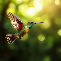 Fototapeta premium Hummingbird gracefully flies against the lush green forest backdrop.