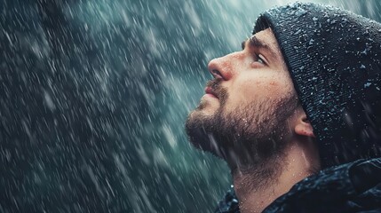Fototapeta premium Man with a rainsoaked face, looking up at the stormy sky, seeking solace