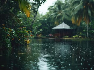 raindrops softly ripple on a tranquil pond, with a charming bungalow nestled in a lush green jungle, creating an idyllic atmosphere of nature's soothing embrace