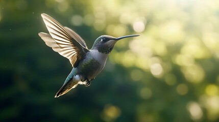 Fototapeta premium Lush green forest serves as backdrop for flying hummingbird’s elegance.