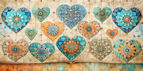 Intricate Mosaic Pattern with Scattered Hearts in Cobalt Blue and Turquoise for Artistic Design Use