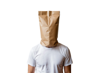 Paper bag man, Man with a paper bag over his head, isolated, transparent background, no background. PNG.