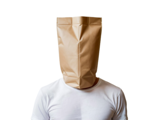 Paper bag man, Man with a paper bag over his head, isolated, transparent background, no background. PNG.