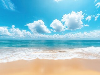serene beach view featuring a brilliant blue ocean meeting a clear sky dotted with white clouds, capturing the essence of tranquility and summer vibes, inviting relaxation and joy