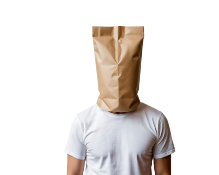 Paper bag man, Man with a paper bag over his head, isolated, transparent background, no background. PNG.