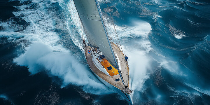 A dynamic racing sailboat cuts through crashing waves, showcasing the thrill of maritime competition on a clear day