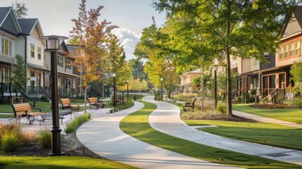 Naklejka premium Winding Walkway Through a Suburb with Autumn Trees and Homes