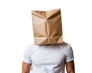 Paper bag man, Man with a paper bag over his head, isolated, transparent background, no background. PNG.
