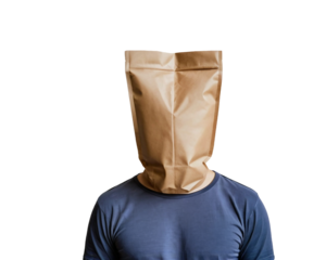 Paper bag man, Man with a paper bag over his head, isolated, transparent background, no background. PNG.