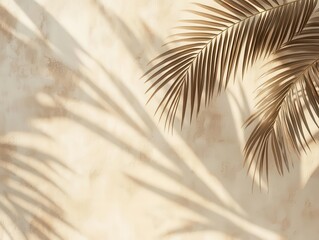 Obraz premium shadows of palm leaves gracefully dancing on a light beige concrete wall, casting intricate patterns, creating a serene tropical ambiance, evoking a sense of relaxation and connection with nature