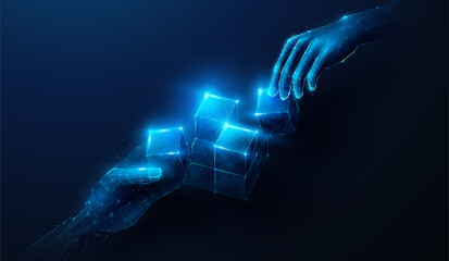 Abstract illustration of two low poly hands bring cubes to central cube. Blue geometric background depicting problem solving, synergy partnership and teamwork concept by wireframe connection structure