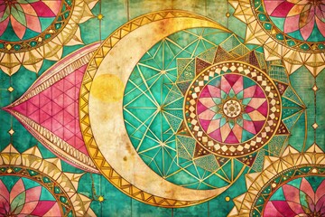 Fototapeta premium Intricate Whimsical Geometric Pattern Illustration Featuring Crescent Moons and Celestial Elements