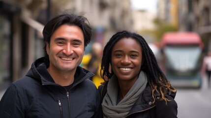 Fototapeta premium A happy Asian man and Black woman smile together on their fun day out