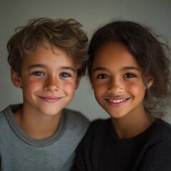 Obraz premium A joyful moment shared between a Caucasian boy and an African-American girl captured indoors