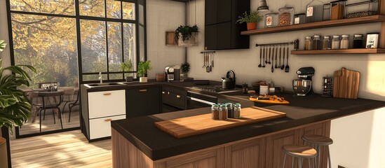 A small kitchen with an island table and wood accents, black and white cabinets, a modern style with natural light, a wooden shelf for ingredients on the wall behind it