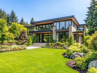 Obraz premium sleek modern house with a flourishing garden in front, basking in sunlight on a clear day, featuring a green lawn and well-maintained trees, epitomizing contemporary living
