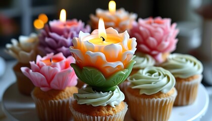 Delightful floral cupcakes with glowing lotus candles a perfect sweet treat for celebrations and gatherings