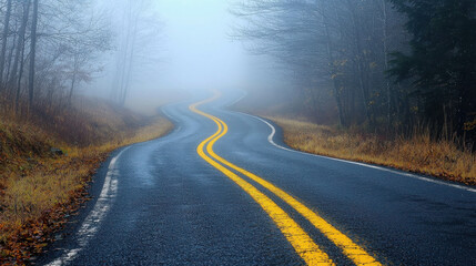 Fototapeta premium Misty Mountain Road: A winding asphalt road cuts through a dense fog-laden forest, the yellow lines guiding the way into an ethereal mystery. The scene evokes a sense of journey, exploration.