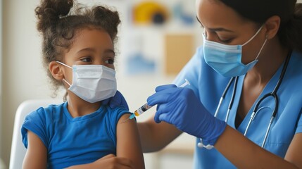 nurse administering a vaccine to a child, with the child