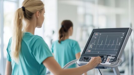 Obraz premium Medical professional guiding patient through a fitness stress test