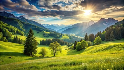 Naklejka premium Twilight scene with serene valley meadows