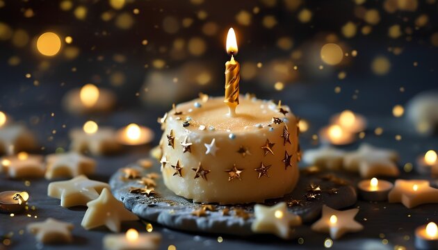 A cake with miniature gold candles surrounded by tiny, edible stars.