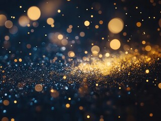 Obraz premium sparkling golden light particles float gracefully over a deep navy blue background, capturing the essence of a festive holiday atmosphere, filled with twinkling lights and a sense of celebration
