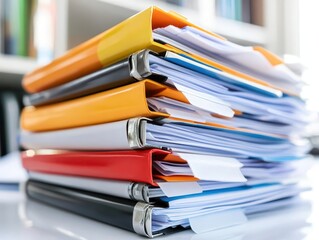 stack of neatly organized business documents, highlighted on a pristine white background, showcasing professionalism and organization, ideal for corporate settings