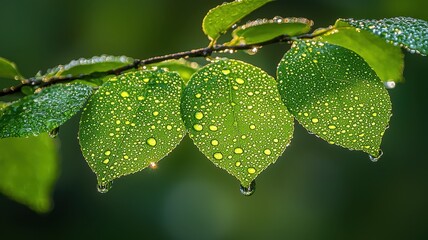 Close-up of green leaves covered in water droplets, glistening in the light, evoking a fresh, vibrant, and organic atmosphere.