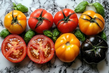 Assortment of heirloom tomatoes and basil on marble surface