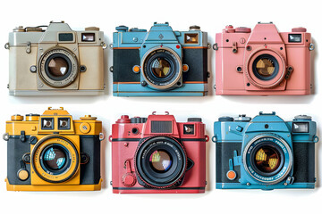 Six vintage film cameras in different colors, arranged in a row on a white background.