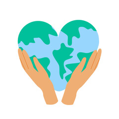 Hands holding planet Earth. Flat design. Planet protection and care. Isolated object on white background.