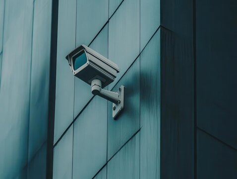 surveillance camera mounted on a sleek modern building, emphasizing the importance of safety technology in urban areas, with a clean, professional aesthetic