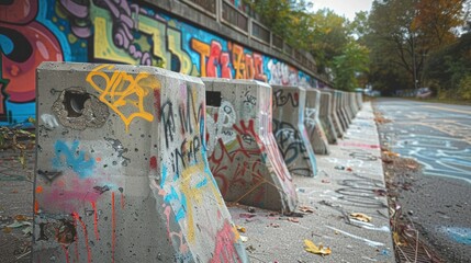 Fototapeta premium Graffiti-covered concrete barriers along a road